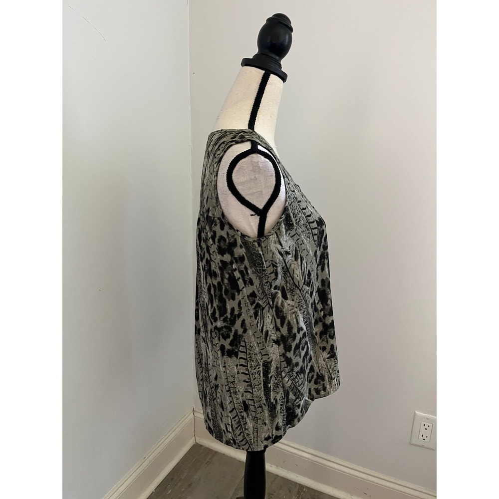 Edge Animal Print Button Down sz Small Olive Green Black High Low Blouse Office - Picture 3 of 7